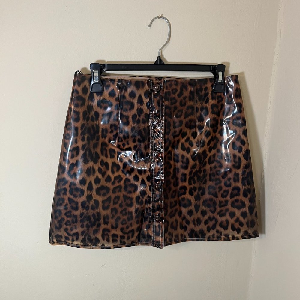 Lulu's Trouble Maker Leopard Print Vinyl Mini Skirt - Women's Size S